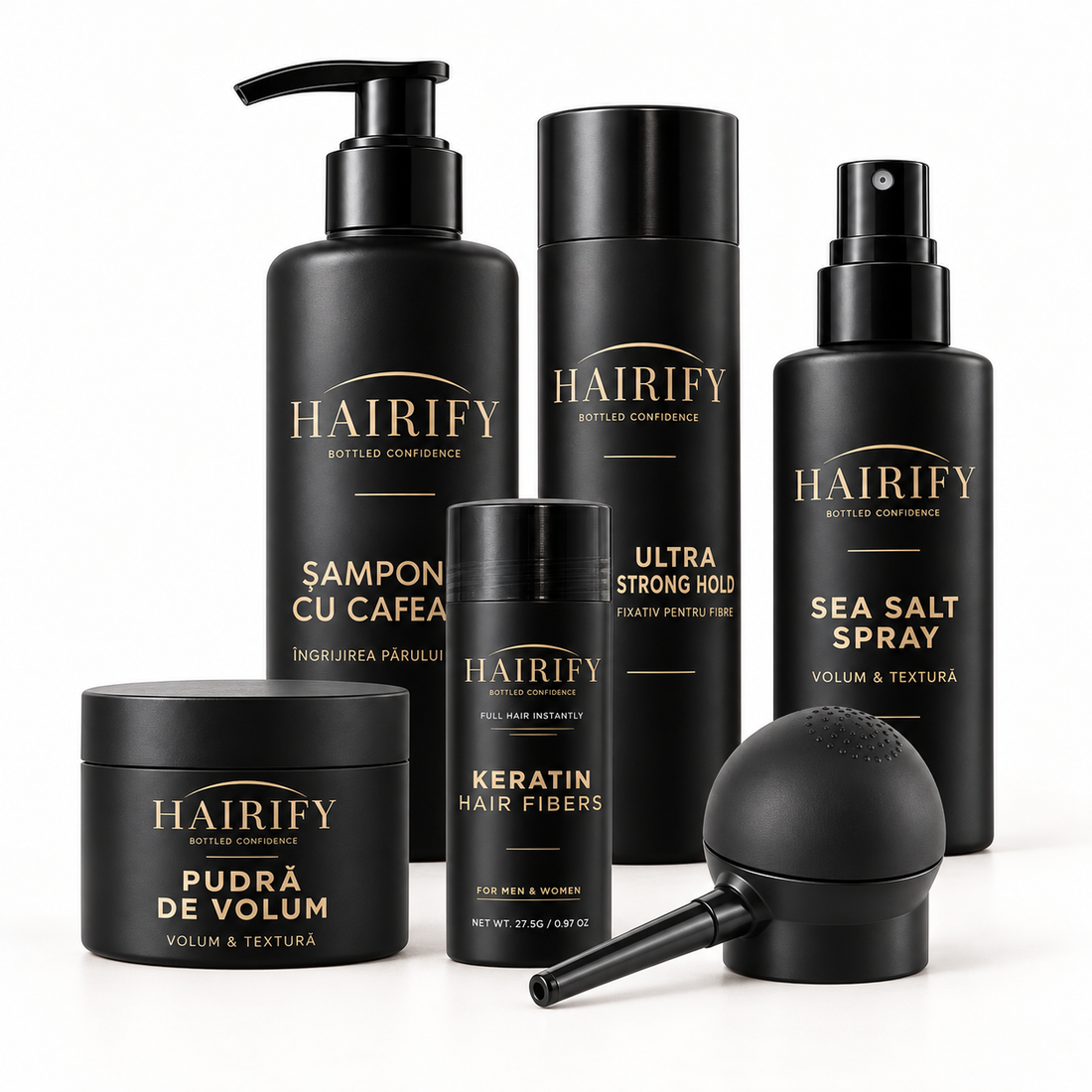Rutina completă Hairify cu fibre, șampon, pudră, Sea Salt Spray, fixativ și aplicator