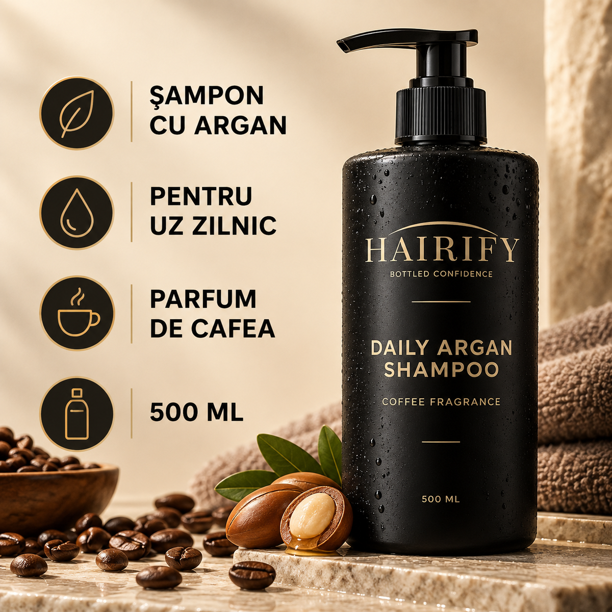 Hairify Daily Argan Shampoo – 500 ml, uz zilnic și parfum de cafea