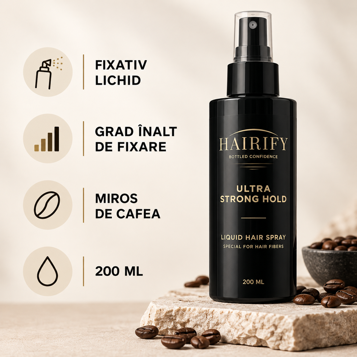 Hairify Fixativ – fixativ lichid, grad înalt de fixare, miros de cafea, 200 ml