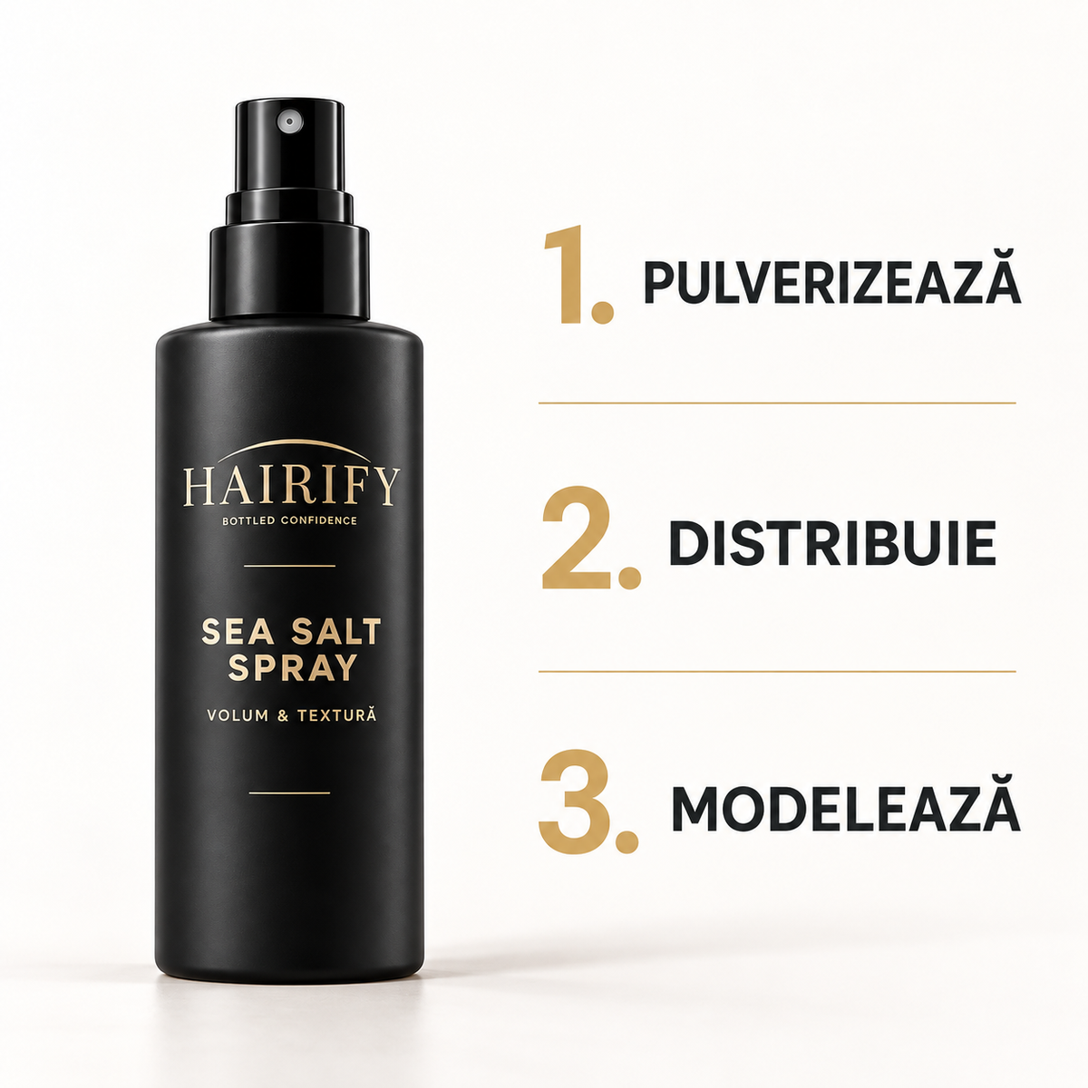 Utilizare Hairify Sea Salt Spray: pulverizează, distribuie și modelează