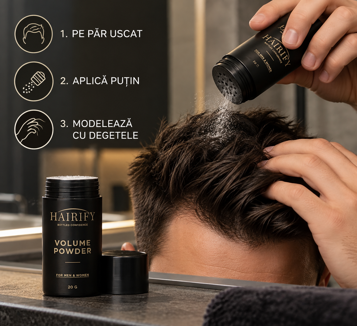 Cum se folosește Hairify Volume Powder pe păr uscat